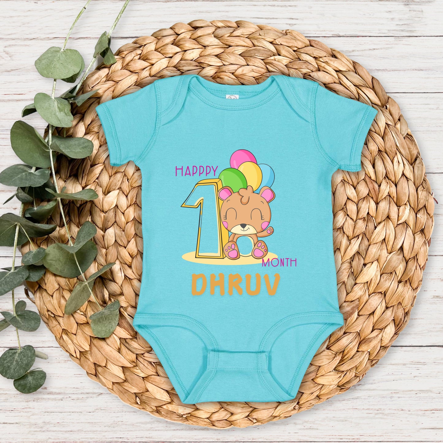 Teddy One Month Milestone With Custom Baby Name - Romper