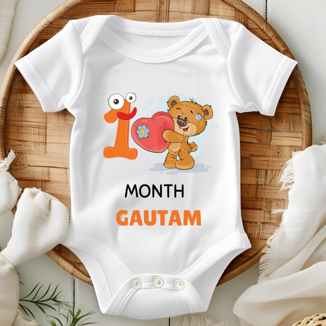 Teddy One Month Milestone With Custom Baby Name - Romper