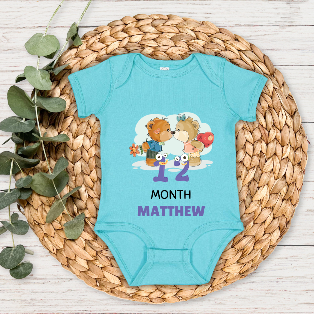 Teddy Twelve Month Milestone With Custom Baby Name - Romper