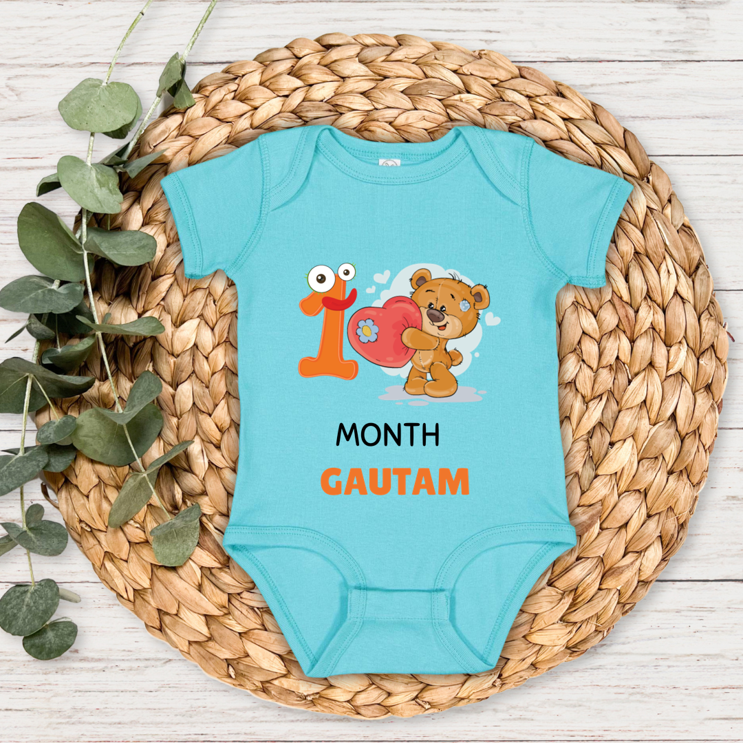 Teddy One Month Milestone With Custom Baby Name - Romper