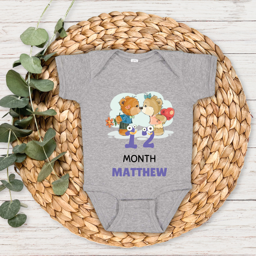Teddy Twelve Month Milestone With Custom Baby Name - Romper