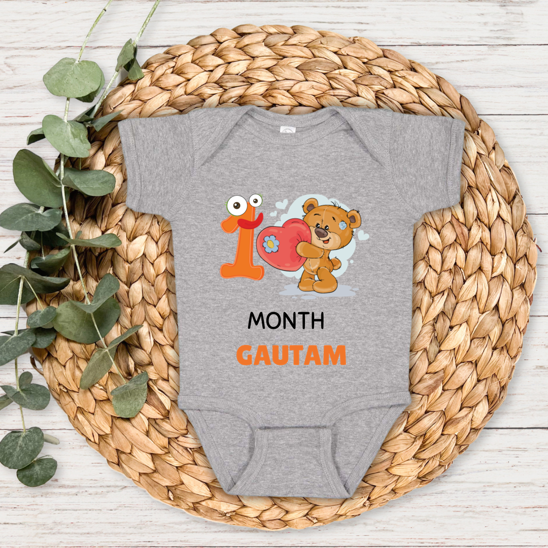 Teddy One Month Milestone With Custom Baby Name - Romper