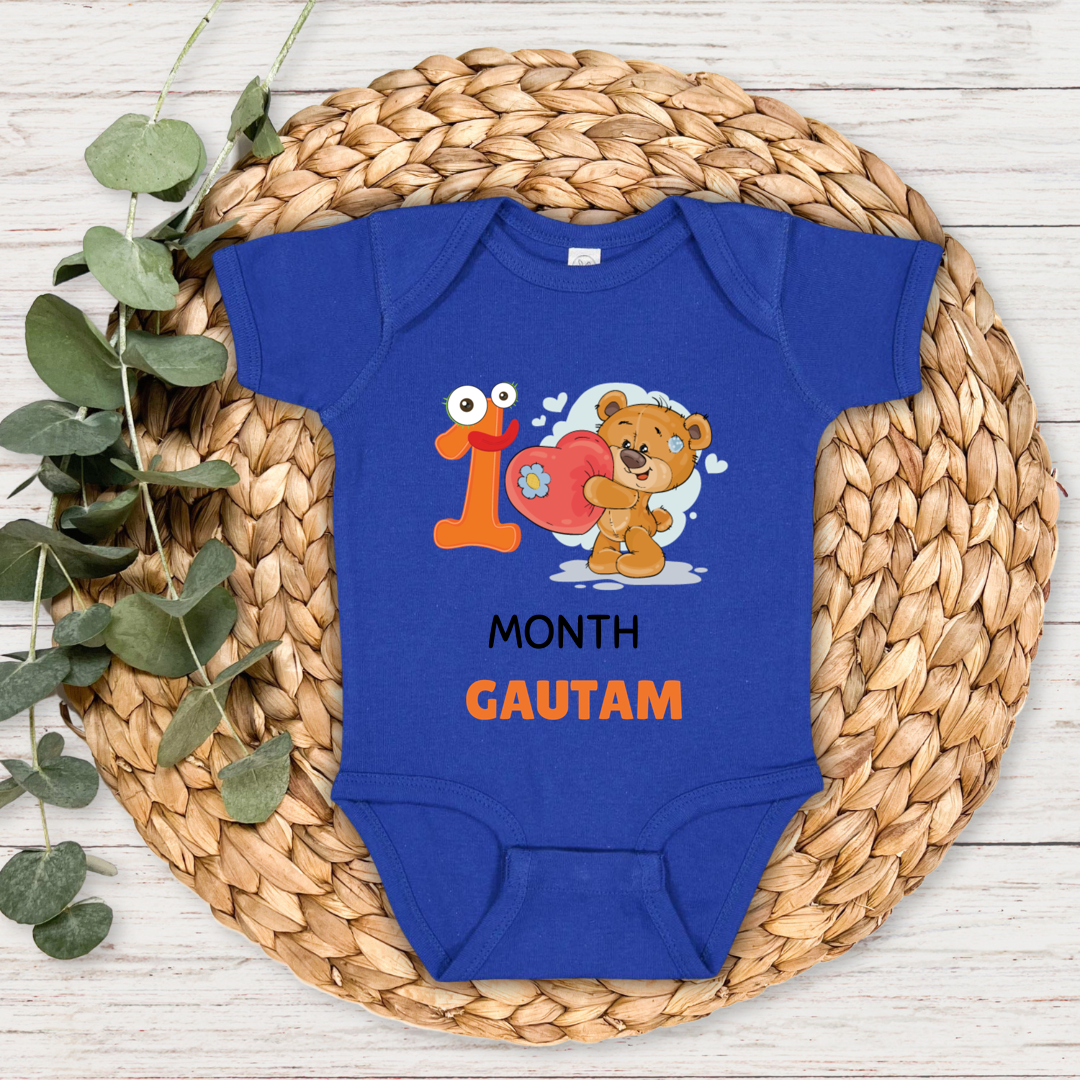 Teddy One Month Milestone With Custom Baby Name - Romper