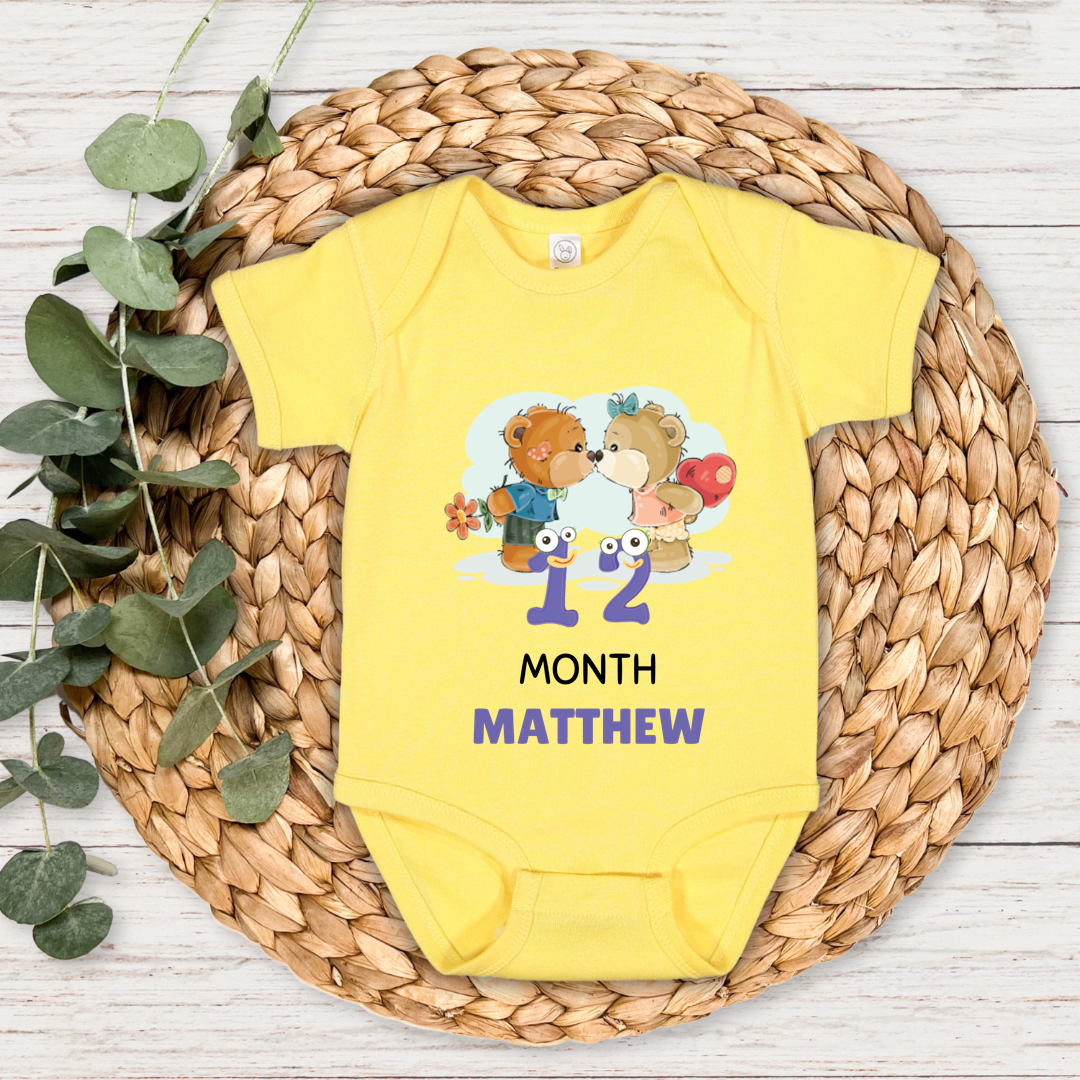 Teddy Twelve Month Milestone With Custom Baby Name - Romper