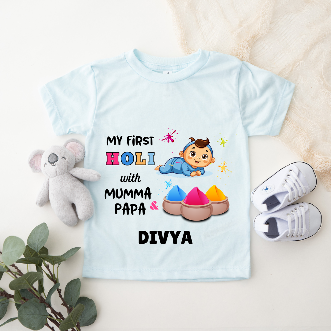 First Holi With Mumma & Papa - Customisable Kids Tshirt