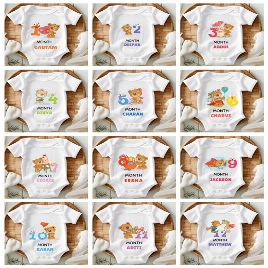 Teddy 12 Months Bday Romper With Custom Baby Name