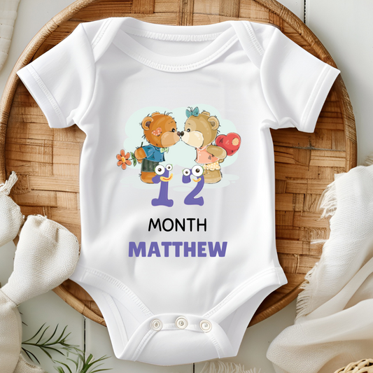Teddy Twelve Month Milestone With Custom Baby Name - Romper